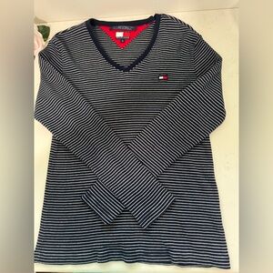 Tommy Hilfiger 100% cotton Navy and White Striped V-Neck Top